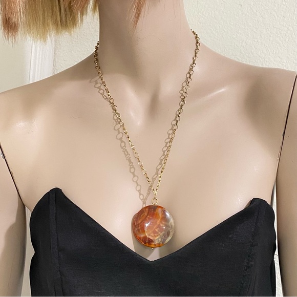 Brown Agate Semi-Precious Stone Circle Round Pendant Necklace - Picture 2 of 9